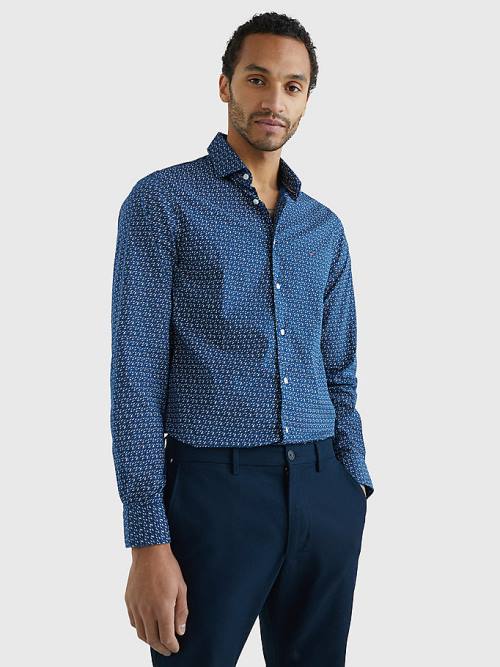 Blue Tommy Hilfiger TH Flex Geometric Print Slim Men's Shirts | TH839MRO