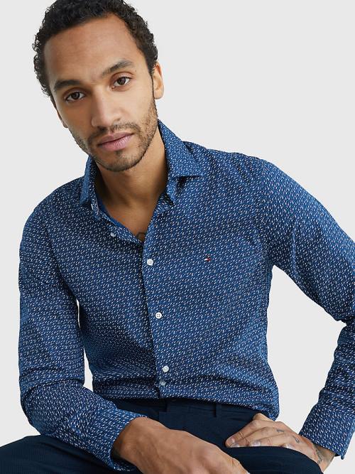 Blue Tommy Hilfiger TH Flex Geometric Print Slim Men's Shirts | TH839MRO