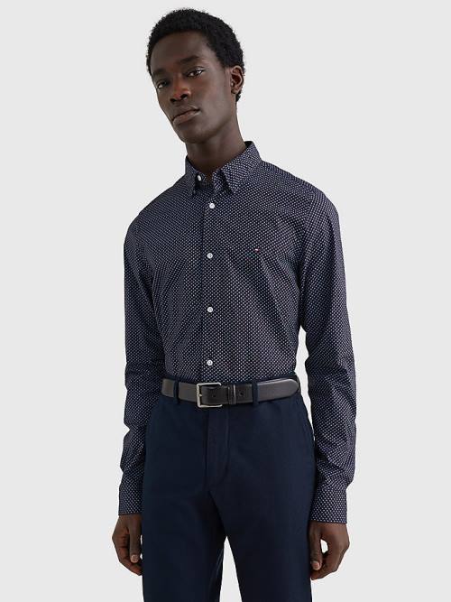 Blue Tommy Hilfiger TH Flex Print Slim Fit Men's Shirts | TH982QNJ