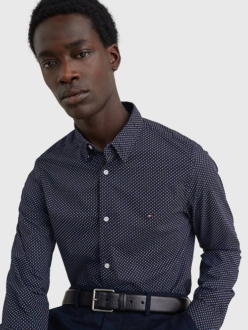 Blue Tommy Hilfiger TH Flex Print Slim Fit Men's Shirts | TH982QNJ