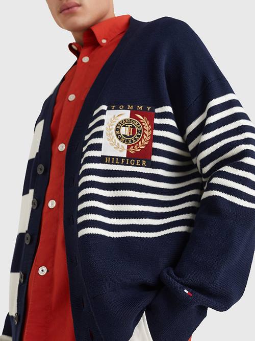 Blue Tommy Hilfiger TH Flex Stripe Crest Cardigan Men's Sweaters | TH573QDZ