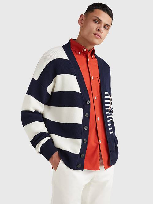 Blue Tommy Hilfiger TH Flex Stripe Crest Cardigan Men\'s Sweaters | TH573QDZ