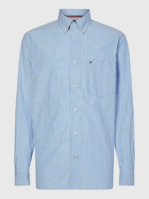 Blue Tommy Hilfiger TH Flex Stripe Regular Fit Men\'s Shirts | TH613FNR