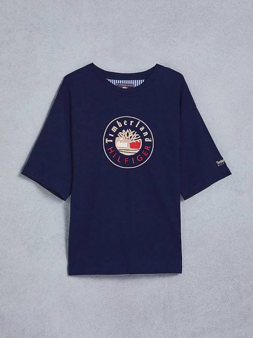 Blue Tommy Hilfiger TOMMYXTIMBERLAND Dual Gender Logo Men's T Shirts | TH408RZV