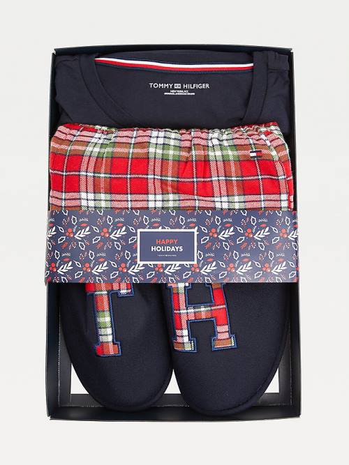 Blue Tommy Hilfiger Tartan Flannel And Slippers Set Men's Pyjamas | TH017ZMK