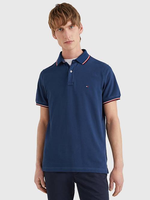 Blue Tommy Hilfiger Tipped Slim Fit Men\'s Polo Shirts | TH857ZUO