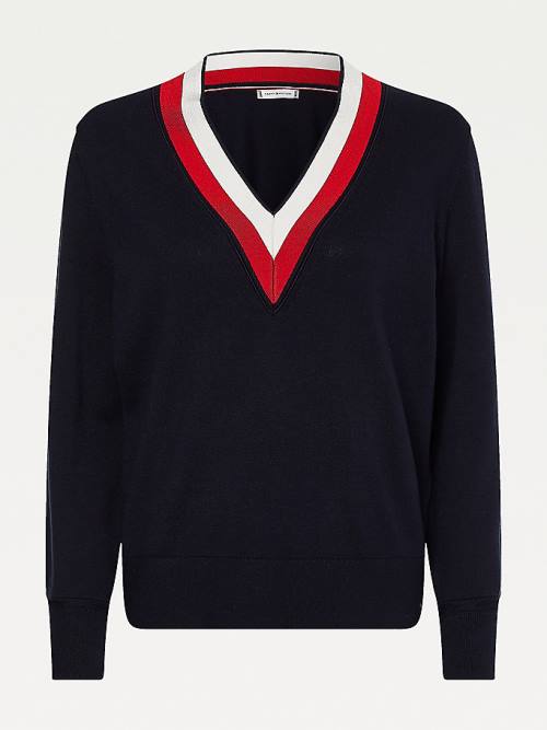 Blue Tommy Hilfiger Tipped V-Neck Jumper Women's Sweaters | TH980NFL