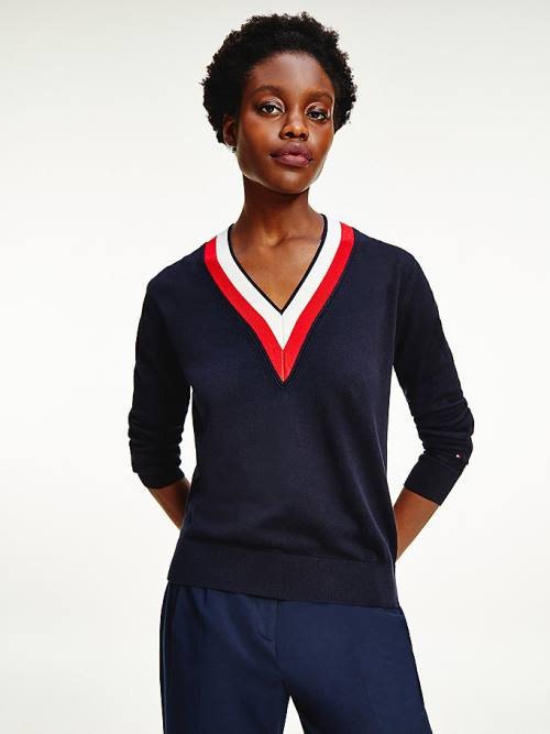 Blue Tommy Hilfiger Tipped V-Neck Jumper Women\'s Sweaters | TH980NFL