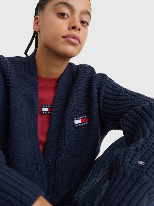 Blue Tommy Hilfiger Tommy Badge Oversized Cardigan Women's Sweaters | TH497VRC