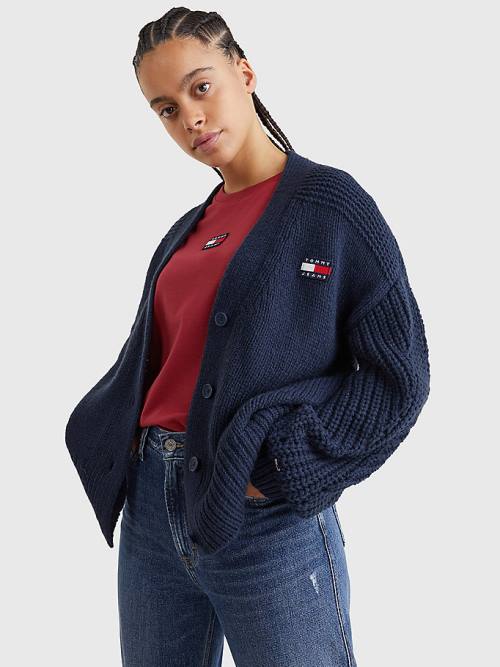 Blue Tommy Hilfiger Tommy Badge Oversized Cardigan Women\'s Sweaters | TH497VRC