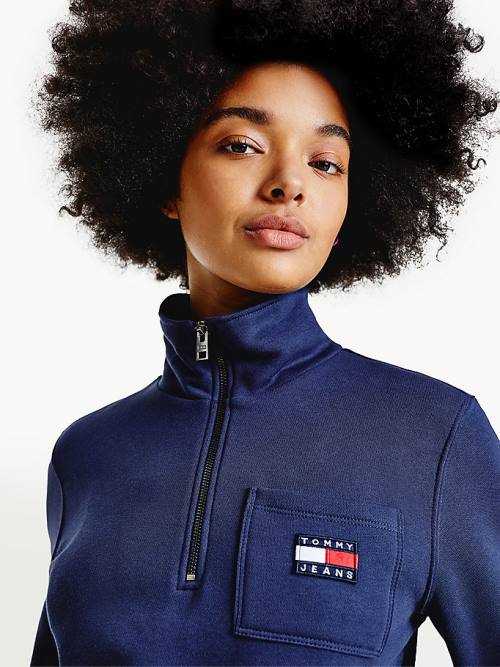 Blue Tommy Hilfiger Tommy Badge Quarter Zip Drawstring Sweatshirt Women's Hoodie | TH418VFI