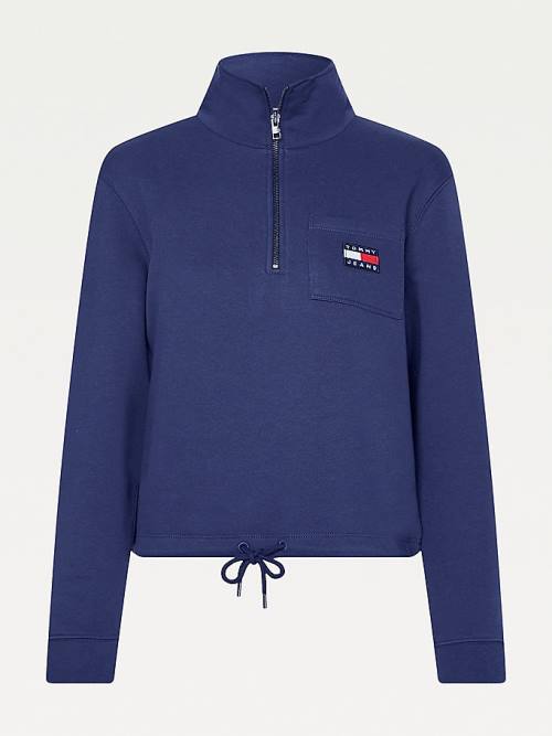 Blue Tommy Hilfiger Tommy Badge Quarter Zip Drawstring Sweatshirt Women's Hoodie | TH418VFI