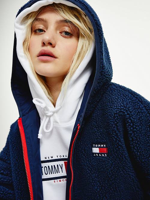 Blue Tommy Hilfiger Tommy Badge Sherpa Hooded Women's Jackets | TH341QUF