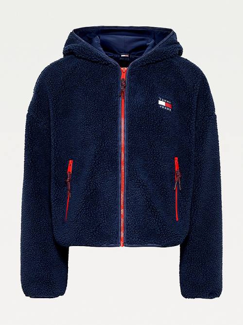 Blue Tommy Hilfiger Tommy Badge Sherpa Hooded Women's Jackets | TH341QUF