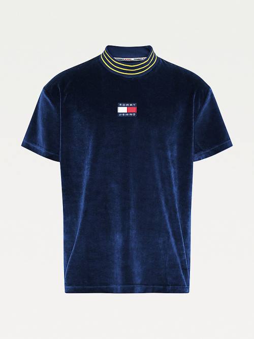 Blue Tommy Hilfiger Tommy Badge Velour Relaxed Fit Men's T Shirts | TH716LIU