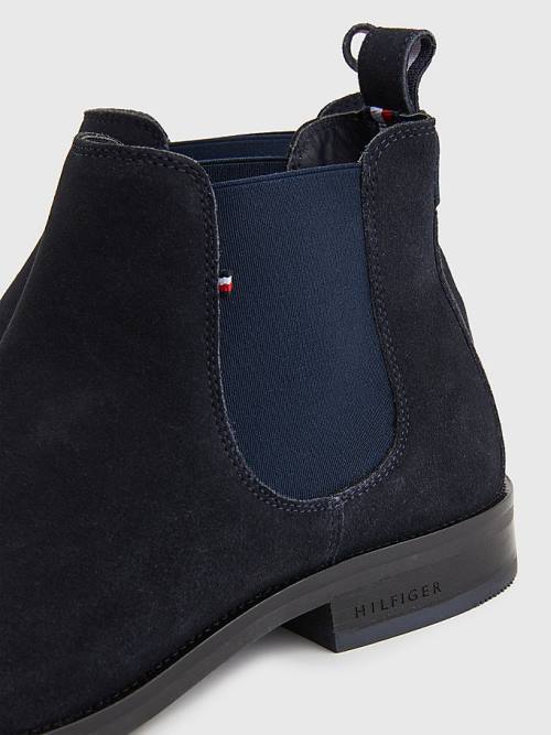 Blue Tommy Hilfiger Tonal Logo Suede Chelsea Men's Boots | TH048KNC