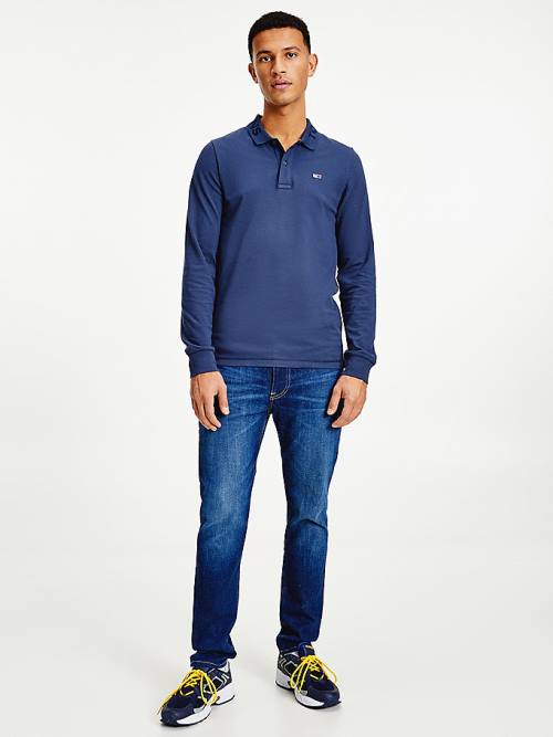 Blue Tommy Hilfiger Tonal Long Sleeve Slim Fit Men\'s Polo Shirts | TH569IQF