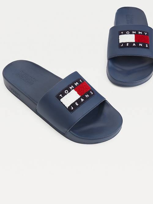 Blue Tommy Hilfiger Towelling Tommy Badge Pool Slides Men's Sandals | TH761MWF