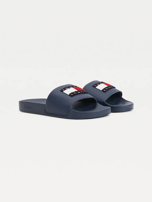 Blue Tommy Hilfiger Towelling Tommy Badge Pool Slides Men\'s Sandals | TH761MWF