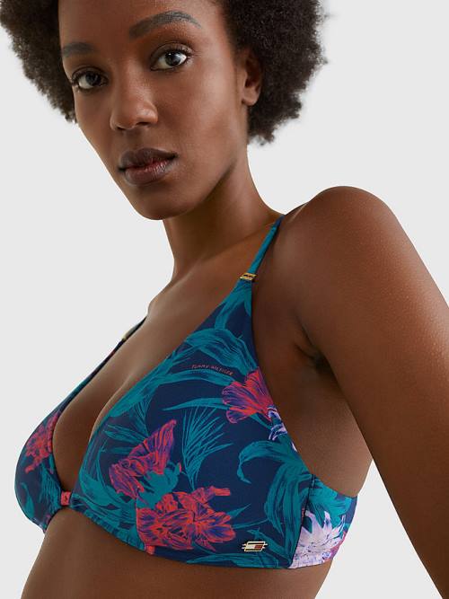 Blue Tommy Hilfiger Tropical Print Triangle Bikini Top Women's Swimwear | TH036JCA