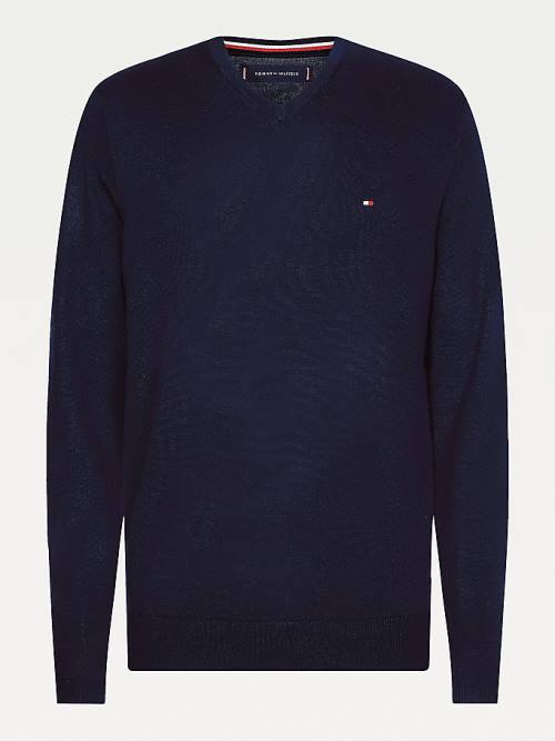 Blue Tommy Hilfiger V-Neck Cotton Blend Sweatshirt Men's Sweaters | TH139RVU