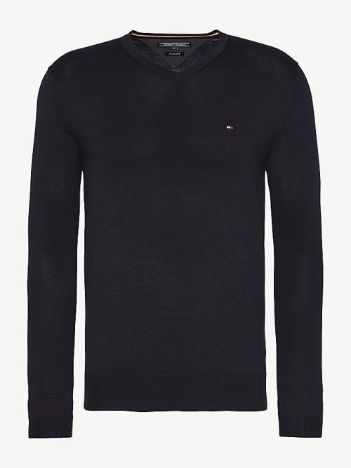 Blue Tommy Hilfiger V-Neck Cotton Blend Sweatshirt Men's Sweaters | TH139RVU