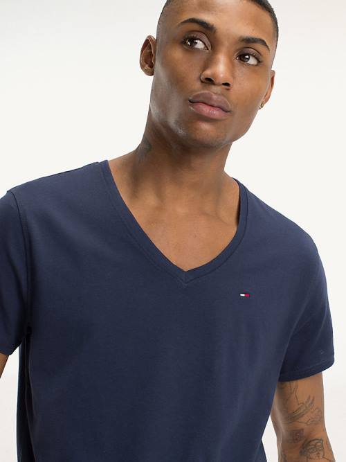 Blue Tommy Hilfiger V-Neck Men's T Shirts | TH489AJU