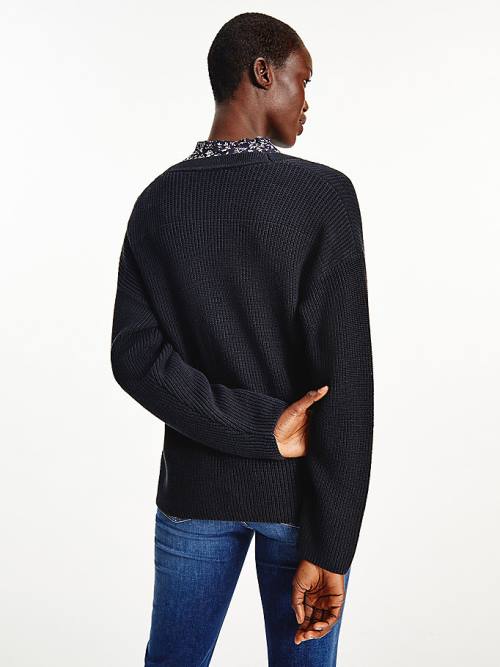 Blue Tommy Hilfiger V-Neck Relaxed Fit Rib Knit Cardigan Women's Sweaters | TH245AZJ