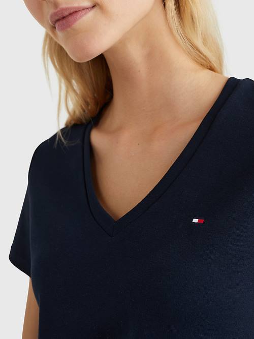 Blue Tommy Hilfiger V-Neck Slim Fit Women's T Shirts | TH786EOR