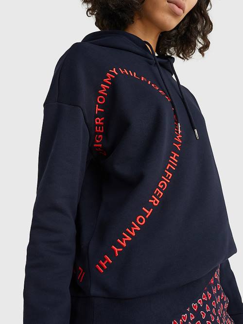 Blue Tommy Hilfiger Valentines Heart Print Relaxed Fit Women's Hoodie | TH409QMO