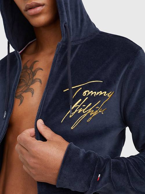 Blue Tommy Hilfiger Velour Signature Logo Men's Pyjamas | TH918ZIB