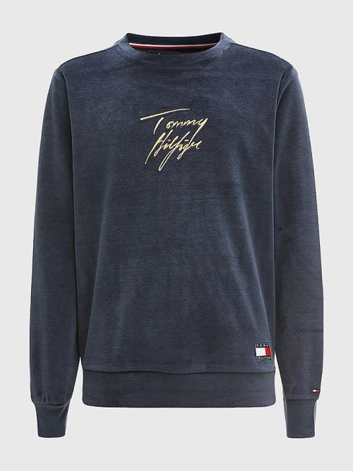 Blue Tommy Hilfiger Velour Signature Logo Sweatshirt Men\'s Pyjamas | TH932XOR