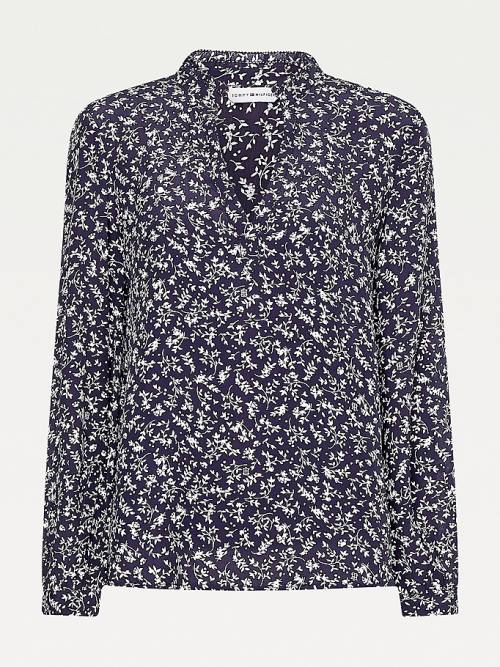 Blue Tommy Hilfiger Viscose Floral Regular Fit V-Neck Women's Blouse | TH213FIU