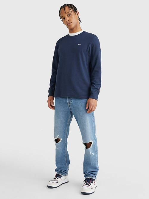 Blue Tommy Hilfiger Waffle Crew Neck Long Sleeve Top Men's T Shirts | TH638CRG