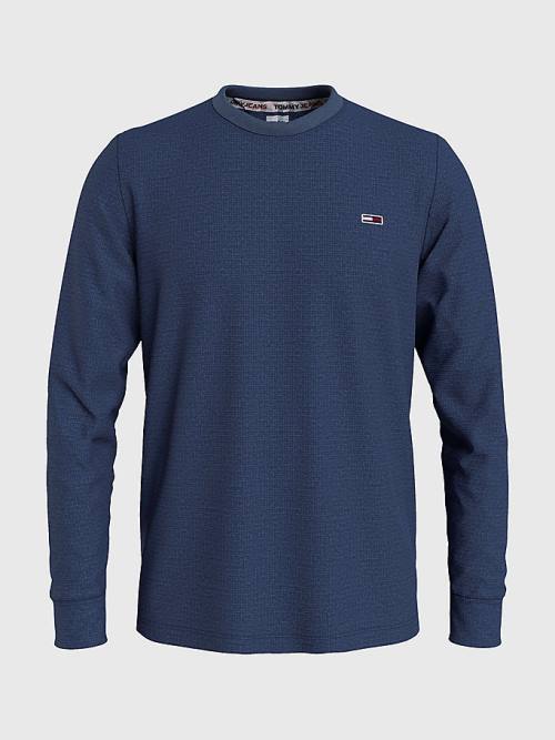 Blue Tommy Hilfiger Waffle Crew Neck Long Sleeve Top Men's T Shirts | TH638CRG