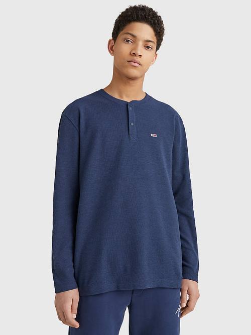 Blue Tommy Hilfiger Waffle Henley Neck Long Sleeve Top Men\'s T Shirts | TH284NMQ