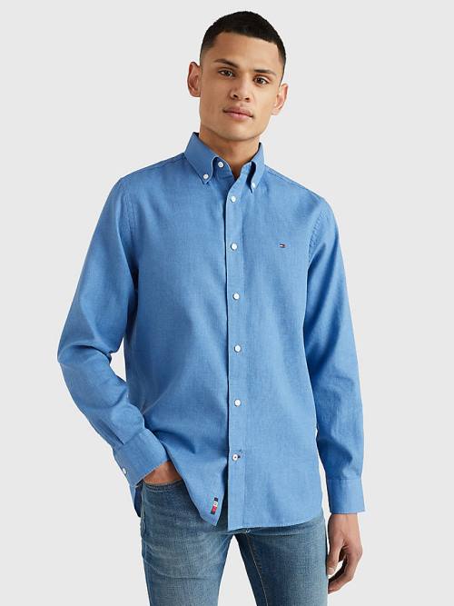 Blue Tommy Hilfiger Waffle Melange Dobby Regular Fit Men's Shirts | TH540CHU