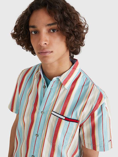 Blue Tommy Hilfiger Washed Stripe Short Sleeve Men's Shirts | TH290RST