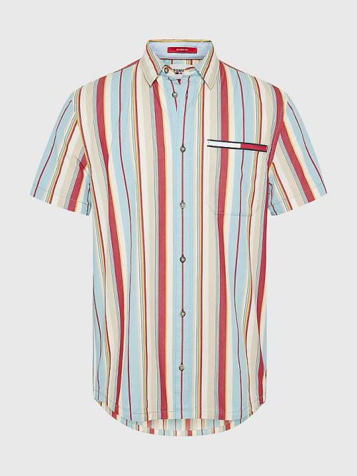 Blue Tommy Hilfiger Washed Stripe Short Sleeve Men's Shirts | TH290RST