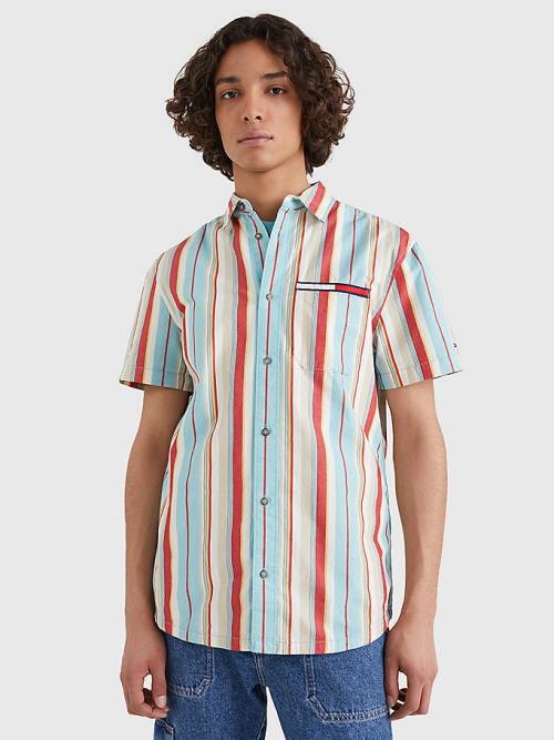 Blue Tommy Hilfiger Washed Stripe Short Sleeve Men\'s Shirts | TH290RST