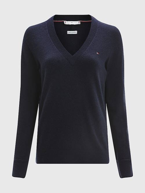 Blue Tommy Hilfiger Wool Cashmere V-Neck Jumper Women's Sweaters | TH615AFS