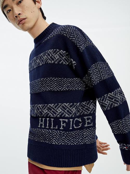 Blue Tommy Hilfiger Wool Oversized Fair Isle Jumper Men's Sweaters | TH479WPR