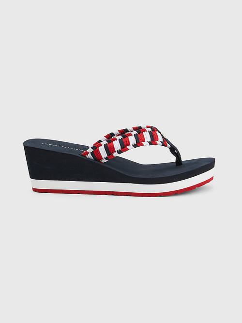 Blue Tommy Hilfiger Woven Webbing Wedge Flip-Flops Women's Sandals | TH639GST