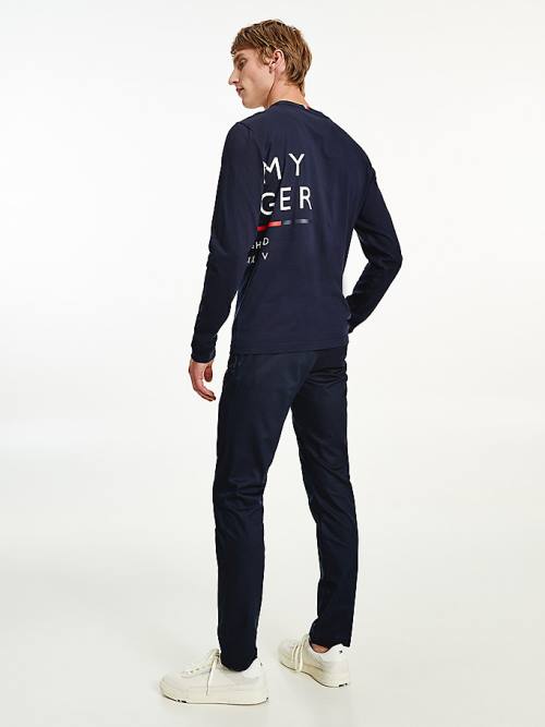 Blue Tommy Hilfiger Wraparound Logo Long Sleeve Men's T Shirts | TH847FMN