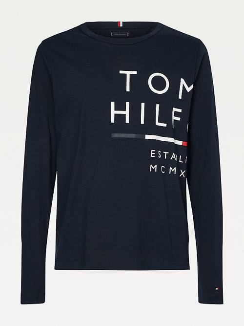 Blue Tommy Hilfiger Wraparound Logo Long Sleeve Men's T Shirts | TH847FMN