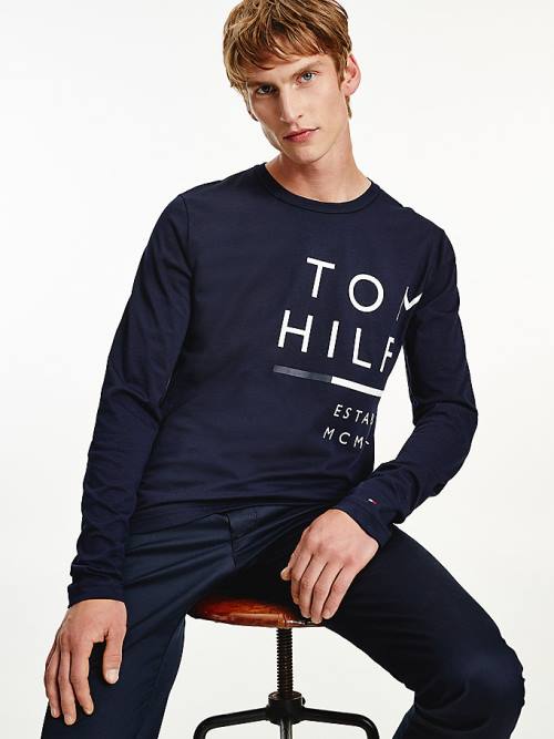 Blue Tommy Hilfiger Wraparound Logo Long Sleeve Men\'s T Shirts | TH847FMN