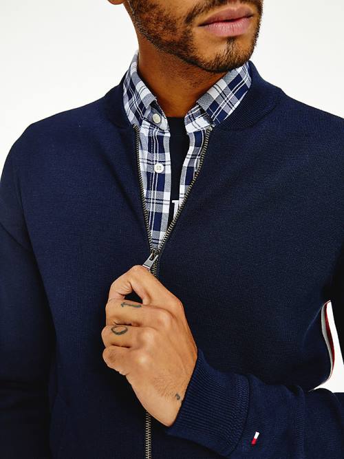 Blue Tommy Hilfiger Zip-Thru Baseball Collar Cardigan Men's Sweaters | TH273SJT