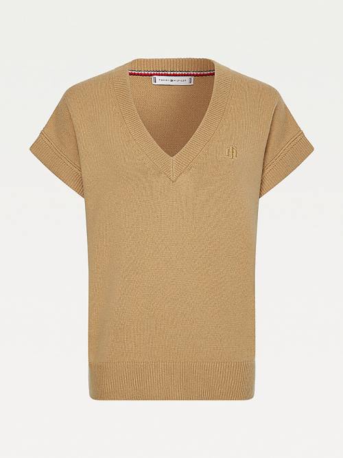 Brown Tommy Hilfiger Alpaca Relaxed V-Neck Short Sleeve Vest Women's Sweaters | TH159BSX