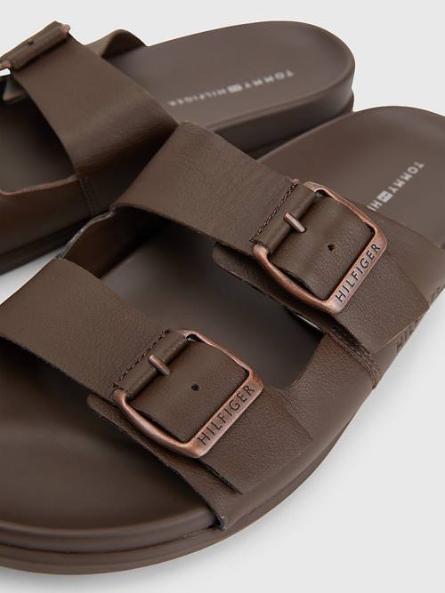 Brown Tommy Hilfiger Elevated Double Buckle Leather Men's Sandals | TH129HCF