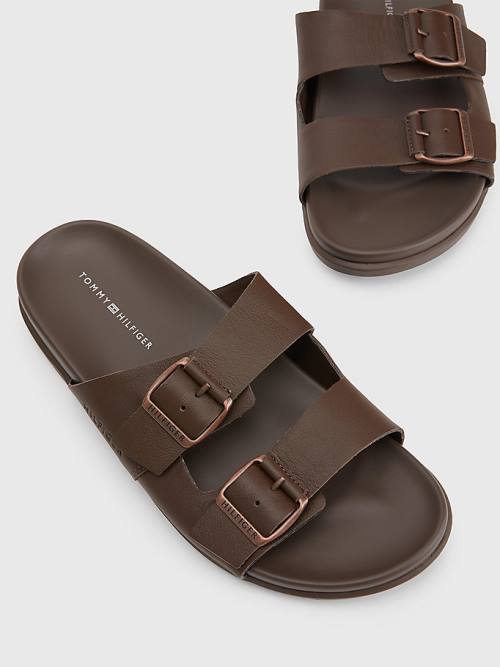 Brown Tommy Hilfiger Elevated Double Buckle Leather Men's Sandals | TH129HCF